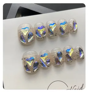 Short square round handmade press-on nails with aurora hearts and silver glitter