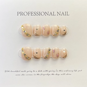 Handmade Press On Nails With Rhinestone Gold Foil Nude Pink Mirror Gemstone Artificial Nails For Women Party Jewelry