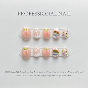 Handmade 3D Peach Rainbow Press On Nails Set 10Pcs Sweet Pink Floral Fake Nails With Glue Tool Kit For Women Daily Dating