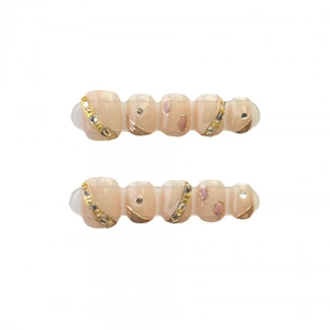 Handmade shimmer gemstones press-on nails with gold stripes and purple floral accents