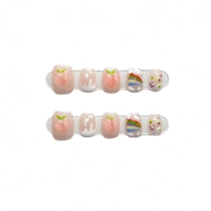 Handmade rainbow peach press-on nails with 3D fruit designs and floral art patterns