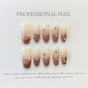 Handmade Gradient Press On Nails With Gold Heart Artificial Pearl Rhinestone Decor Elegant French Style Reusable Artificial Nails