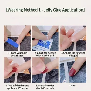 Guide for applying handmade pink press-on nails with jelly glue and manicure tools