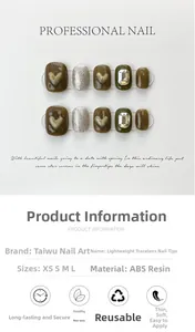 Detailed size chart for handmade press-on nails featuring olive green heart and silver glitter