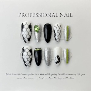 Faux Ongles à la Main Motif Serpent Strass Verts Amande Longue Ongles Brillants Accessoires de Mode pour Femmes Kit de Manucure