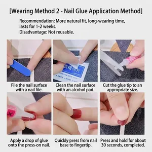 Manual glue-on nail kit set with glossy burgundy press-on nails and application guide