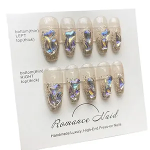 Handmade gradient nude press-on nails set with aurora rhinestones and silver glitter decor
