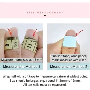 Size measurement guide for Rococo rabbit press-on nails using soft tape and paper