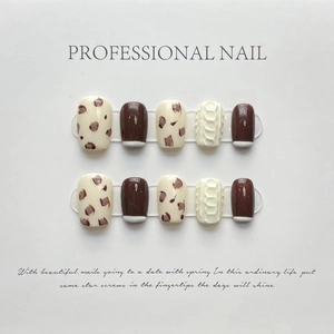 Handmade Press On Nails Milk White Brown Cow Pattern Color Block 3D Sweater Texture Reusable Full Cover Artificial Nails