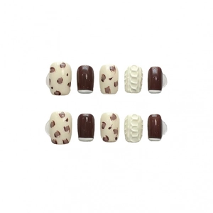 Handmade press-on nails set in beige and brown with cow print and 3D sweater textures