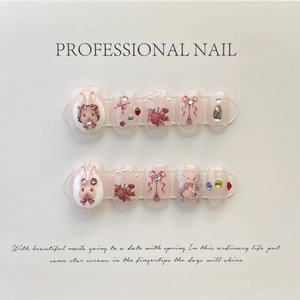 Handmade Press On Nails Strawberry Rabbit Pink Translucent Rhinestone Artificial Pearl Bow Sweet Style Decorative Nail Art Accessory