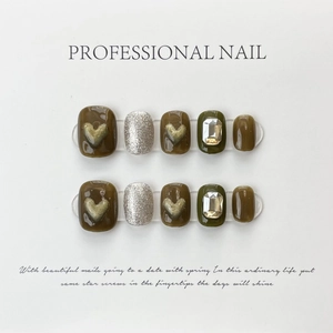 Handmade press-on nails in olive green and silver glitter with 3D heart and rhinestone