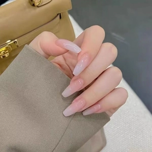 Pink and white gradient long almond press-on nails with a high-gloss jelly finish
