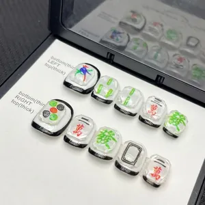 Press-on toenails with 3D mahjong patterns and glossy resin finish on display card