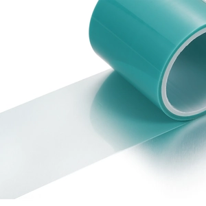 Macro detail of 5cm width heat resistant blue core traceless adhesive tape for DIY tools