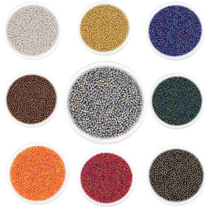 Nine colorful 2mm glass seed beads in transparent round containers for DIY jewelry