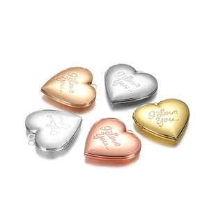 Heart-shaped I Love You engraved locket pendants in silver, gold, and rose gold finishes