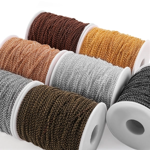 Macro shot of assorted metal DIY necklace chains in multiple colors on white spools