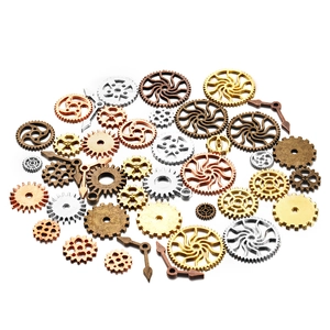 Steampunk gear and clock hand assortment in four metallic finishes on white backdrop