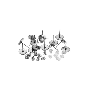 Detail view of stainless steel earring posts with metal backings and clear silicone stoppers