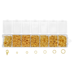 Golden DIY jewelry kit with lobster clasps and open jump rings in a 7-grid plastic box