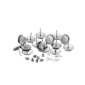Flat round stainless steel earring base pins with butterfly backs and rubber plugs set
