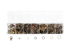 Detailed set of lobster clasps and open jump rings in a 7-grid organizer box