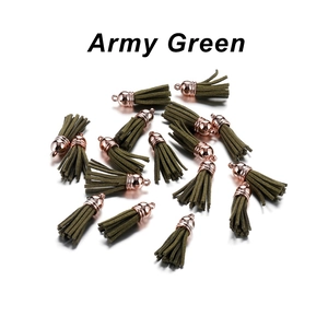 Detail of army green suede tassel charms with rose gold metal caps for DIY jewelry