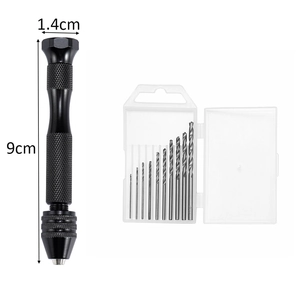 Detailed macro view of a 9cm manual hand drill with ten multi-size micro twist drill bits