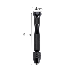 Close-up of 9cm black pin vise hand drill with knurled handle and adjustable 3-jaw chuck