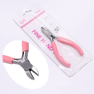 Close-up of pink handle diagonal pliers with high-carbon steel jaws for jewelry DIY