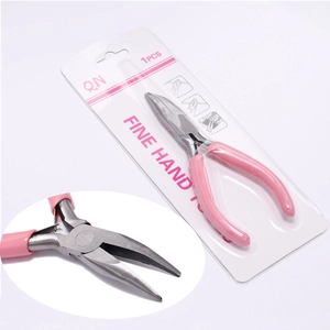 Detail of pink handled needle nose pliers in blister pack for DIY jewelry making and crafts