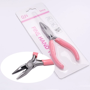 Pink needle-nose DIY jewelry pliers tool with hanging card packaging and close-up head detail
