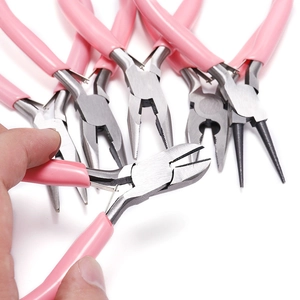 Pink handle DIY jewelry pliers set with round and needle nose tools for craft making