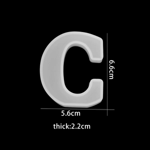 Detail showing letter C silicone mold dimensions: 6.6cm height, 5.6cm width, 2.2cm thick