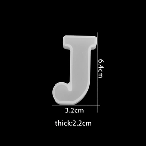 Detailed view of capital letter J silicone mold with dimensions 6.4cm height and 2.2cm thickness