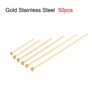 Detail showing 50pcs gold stainless steel ball head pins in multiple length sizes