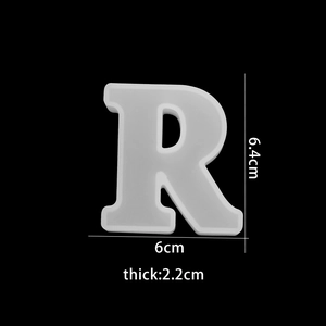 Detail of 3D letter R silicone mold showing dimensions 6.4cm height and 2.2cm thickness