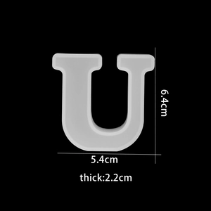 Detailed dimensions of letter U silicone mold showing height 6.4cm and thickness 2.2cm