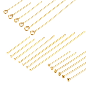 Gold stainless steel eye, flat, and ball head pins set for DIY jewelry making in various sizes