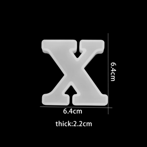 Detail of 3D silicone letter X mold with dimensions showing 6.4cm size and 2.2cm thickness