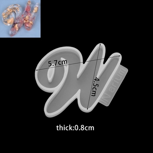 Detailed view of lowercase letter W silicone mold with size dimensions 5.7cm by 4.5cm