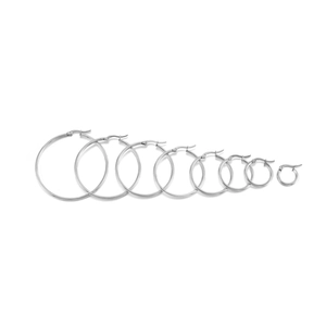 Detail showing eight sizes of minimalist stainless steel hoop earrings in silver finish