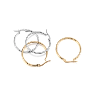 Classic gold and silver plated stainless steel hoop earrings with snap-lock closure