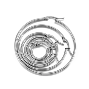 Detailed top view of tiered stainless steel silver hoop earrings with lever back closure