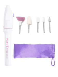 Portable nail drill set with 5 interchangeable bits and purple silk storage pouch