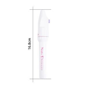 Macro view of portable electric nail decorator with white streamline body and purple button