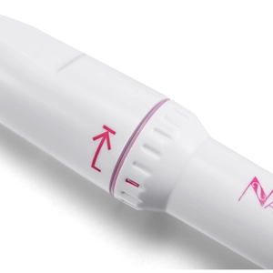 Macro shot of white nail drill handle with pink rotation arrows and adjustment scale