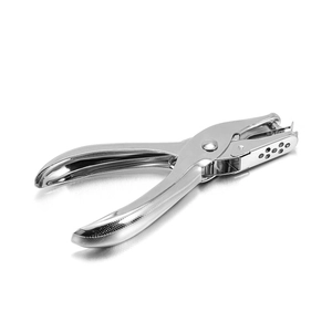 Detailed side view of a professional silver metal single hole puncher with ergonomic grip