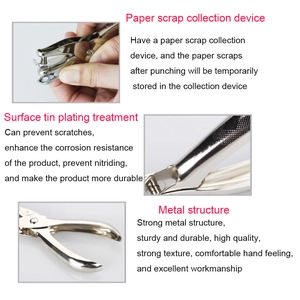 Detail view of durable metal hole puncher with paper scrap collection and tin-plated finish